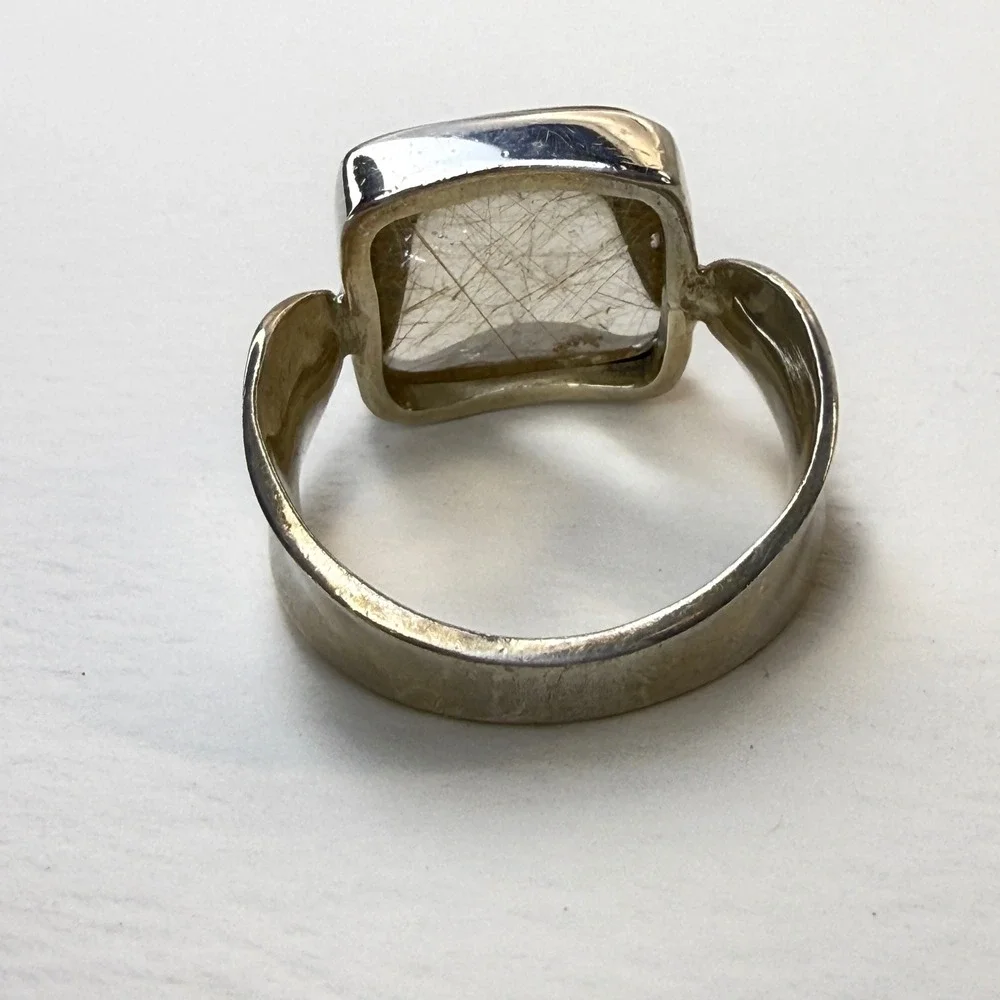 Sterling Silver Rutilated Quartz Square Statement Ring Modernist Band Size 9.5